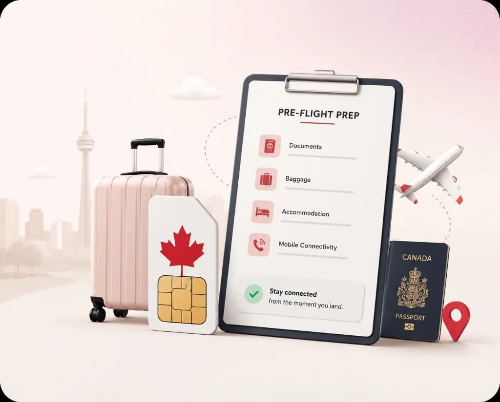 Pre-flight prep checklist for Canada SIM card, passport, and travel essentials